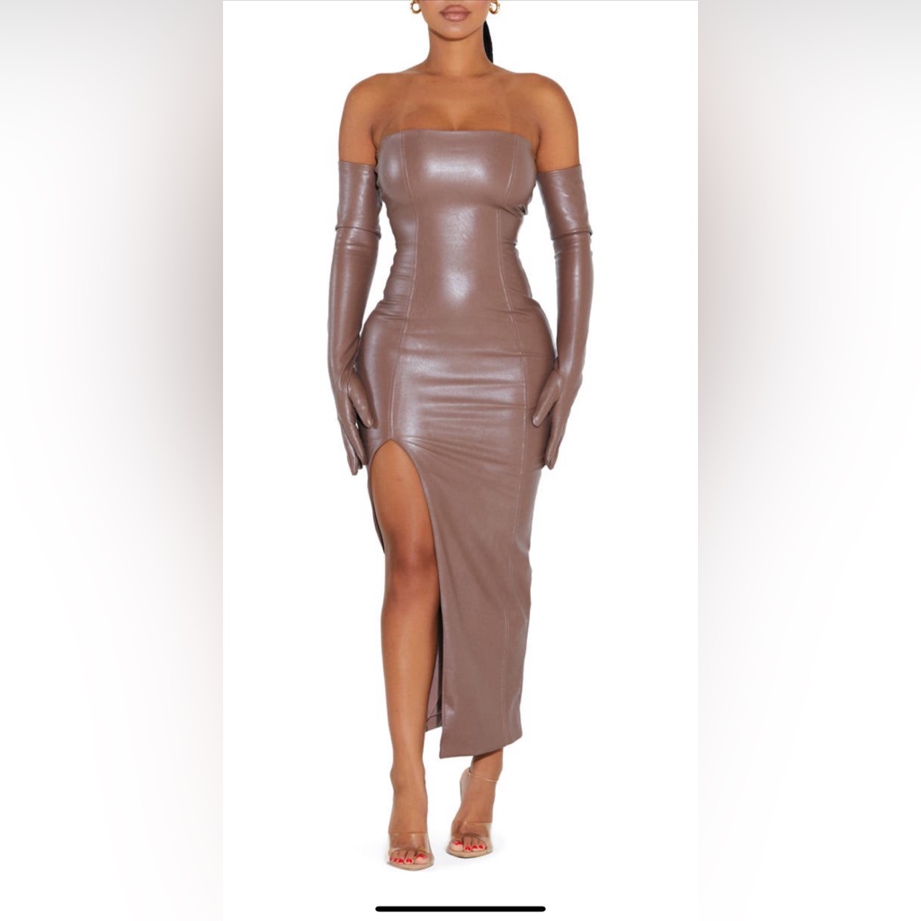 Naked Wardrobe Faux Ever Chic Strapless Faux Leather Midi Dress,Taupe,Small,$116